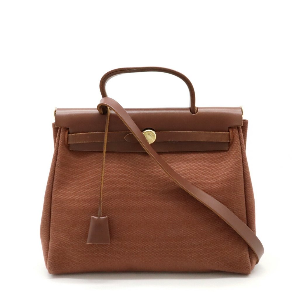 HERMES Hermes Airbag PM Handbag Shoulder Bag Toile Officier Leather Brown E S... - Picture 2 of 10